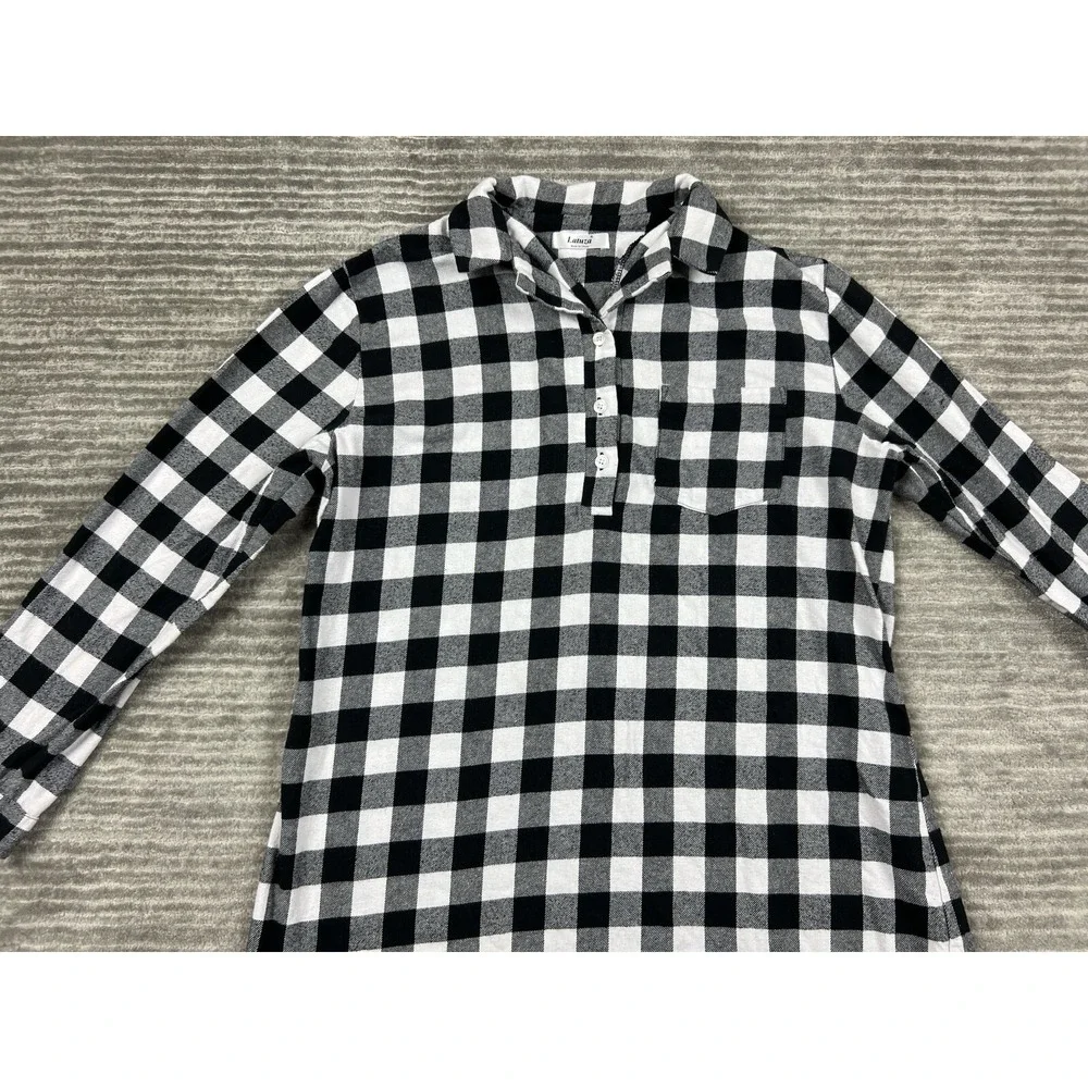 Latuza Sleepshirt Womens Medium Black & White Plaid Long‎ Sleeve Flannel